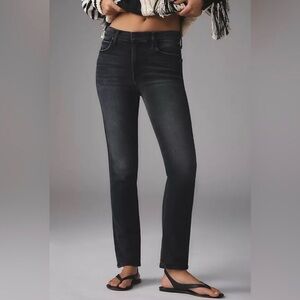 Mother Denim the Mid Rise Dazzler Ankle Step Fray Black Straight-Leg Jeans